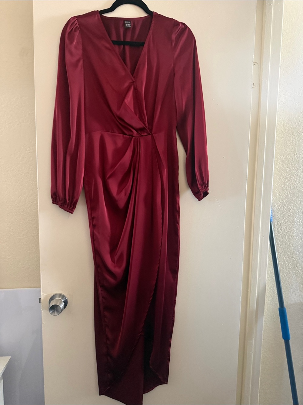 SHEIN Burgundy Satin Wrap Long Sleeve Maxi Dress